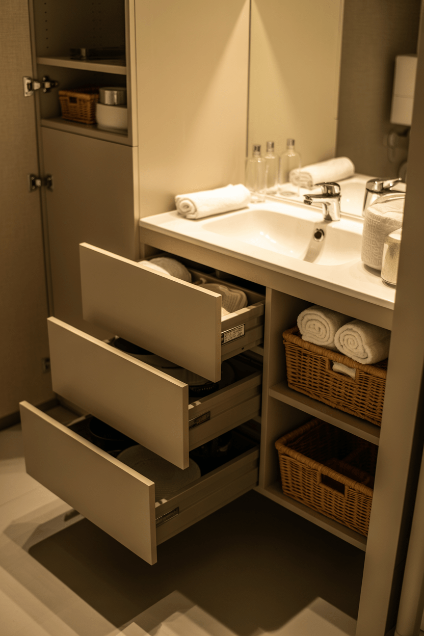 modern bathroom with hidden vanity storage and organized compartments