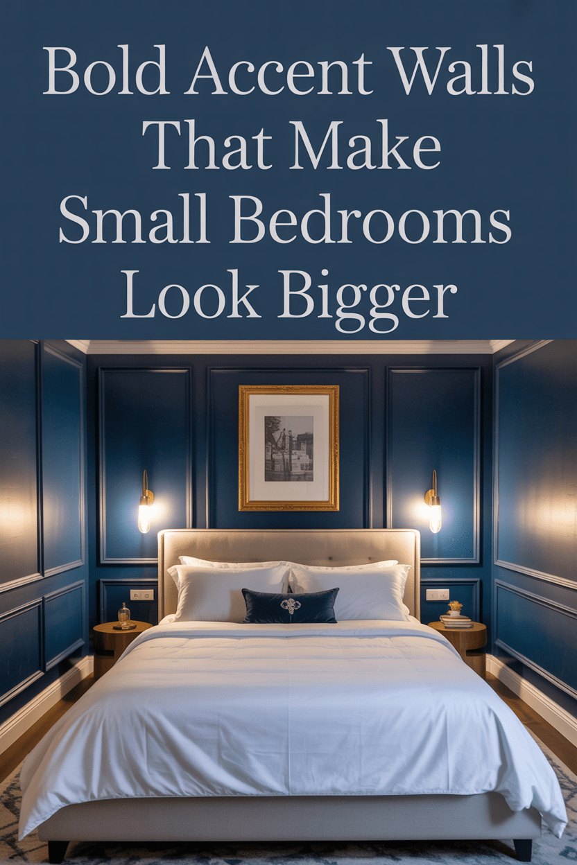 tiny bedroom with navy accent wall and white bedding styled to look larger with elegant text overlay at the top