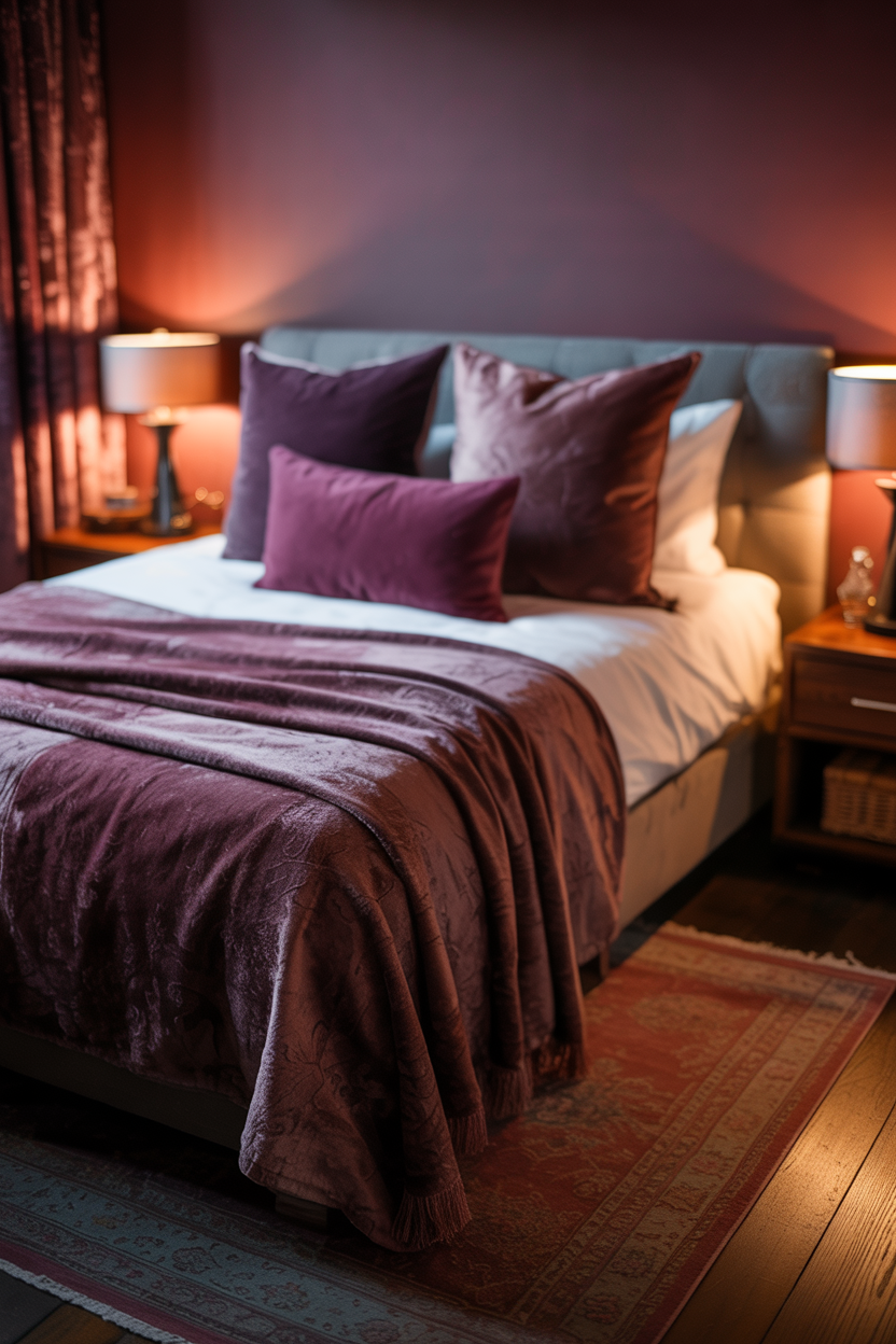 small bedroom with burgundy tones and soft lighting creating warm cozy atmosphere