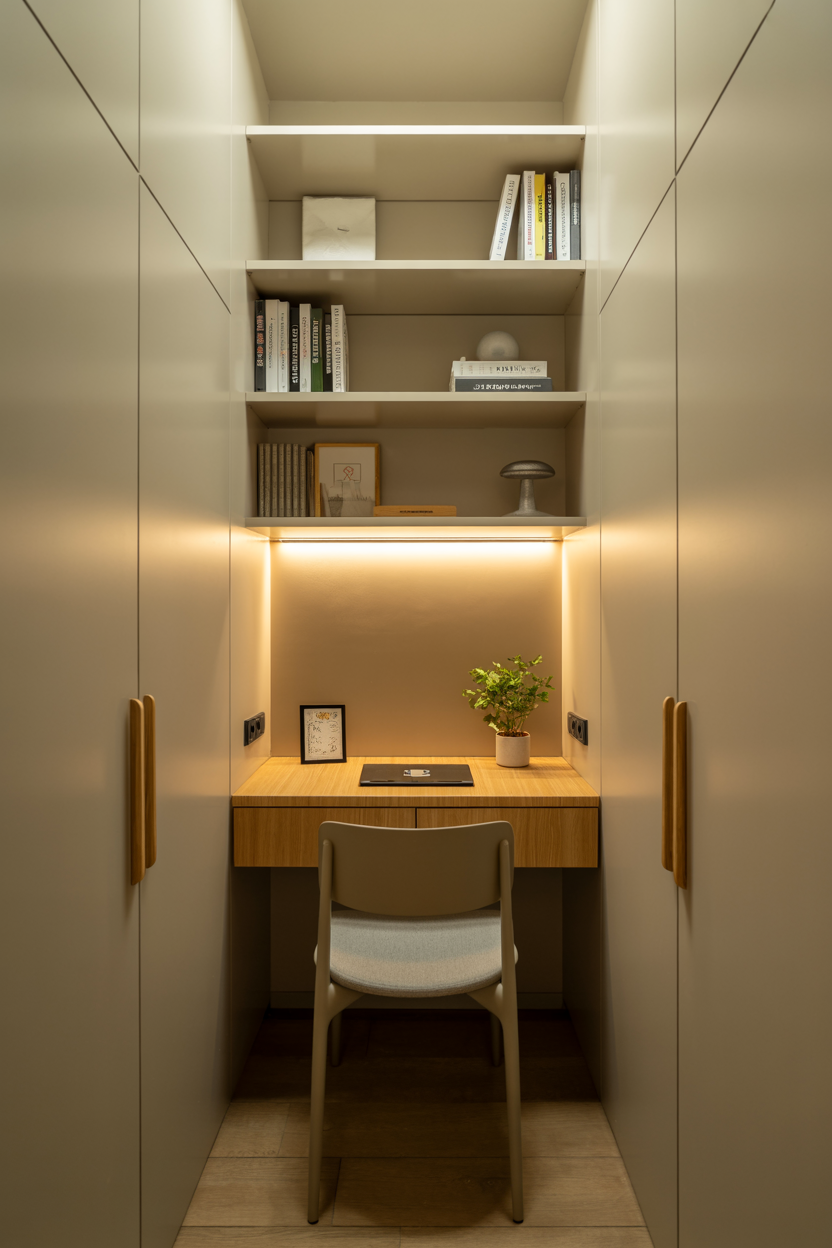 small closet converted into a clean modern home office with floating desk and shelves
