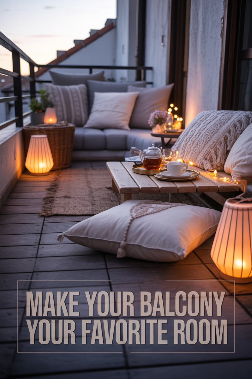 cozy boho style balcony with floor seating lanterns and warm lighting