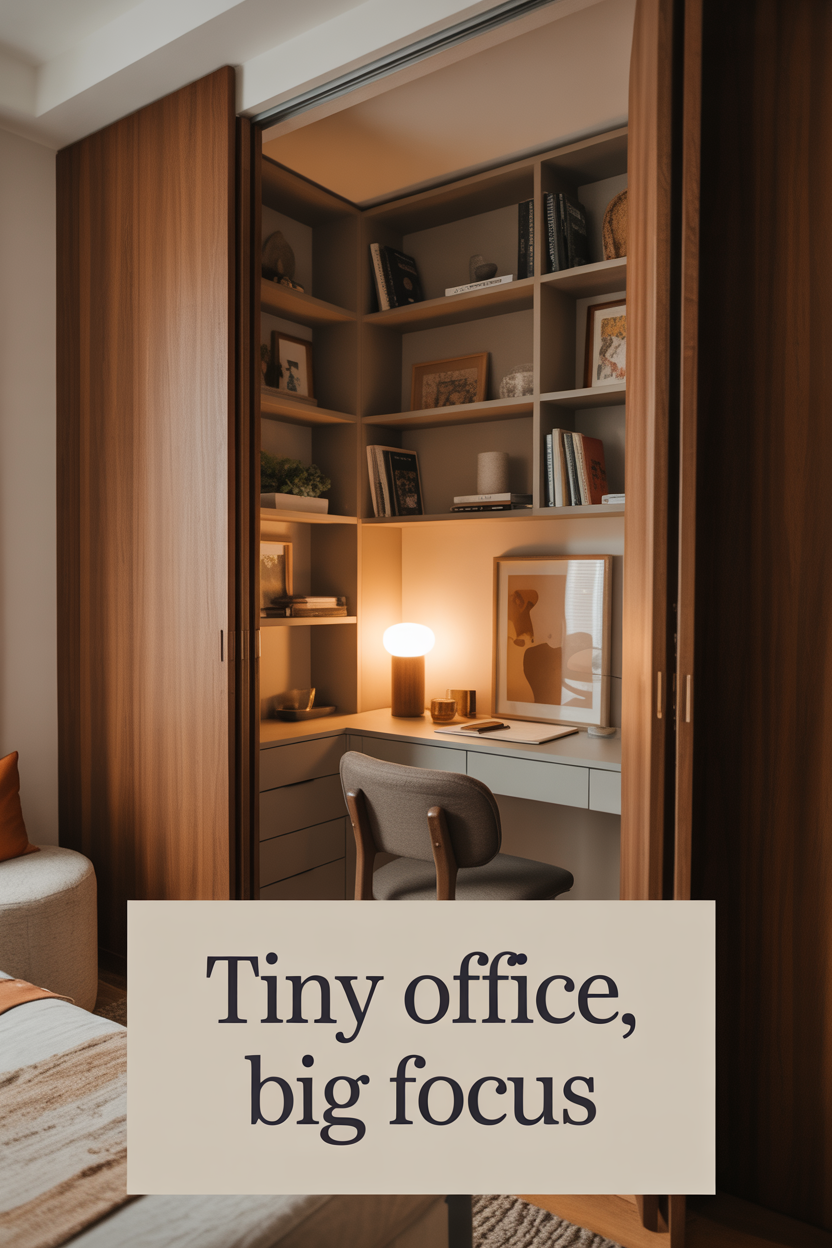cozy closet office with warm wood shelves and compact desk creating focused workspace