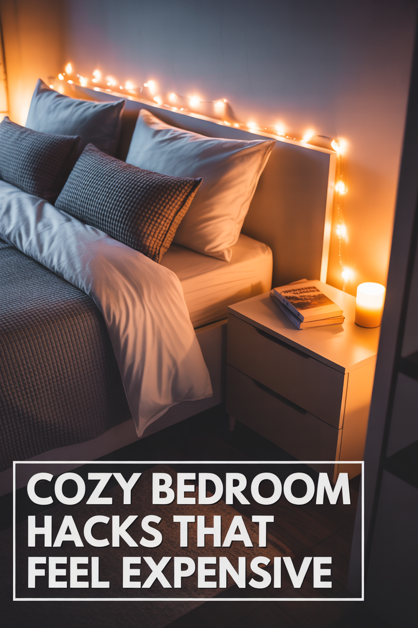 cozy small bedroom with warm lighting and layered bedding creating expensive look