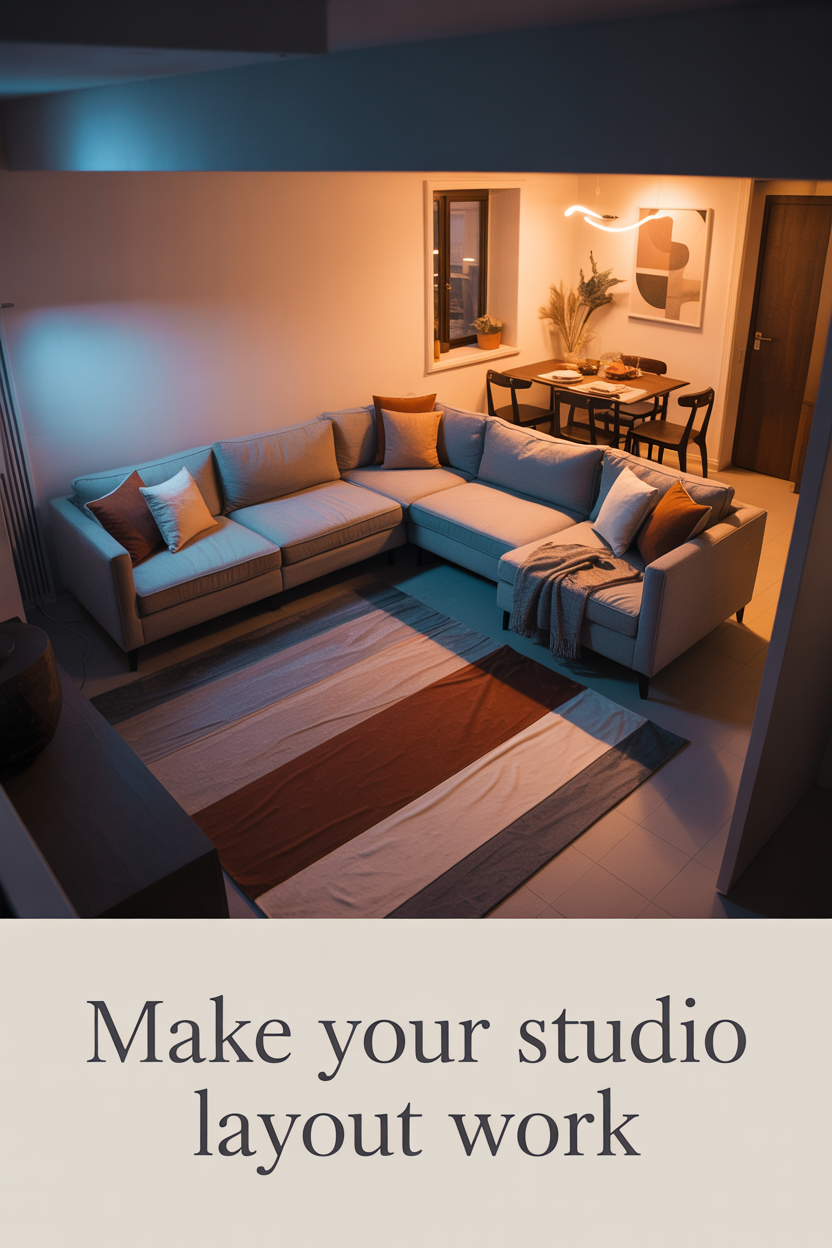 cozy studio apartment layout with defined living areas and warm lighting