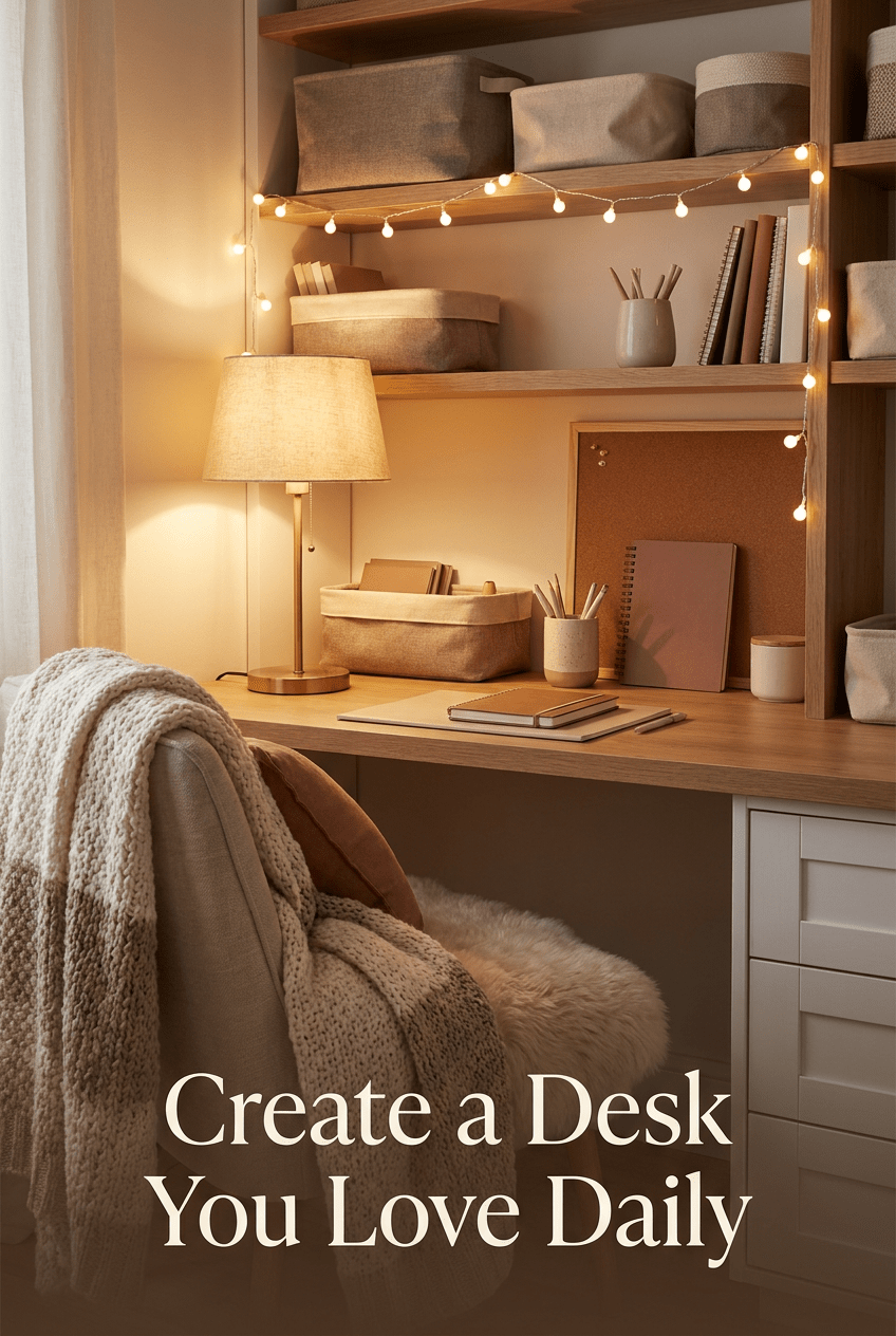 cozy desk nook with warm lighting and stylish small workspace