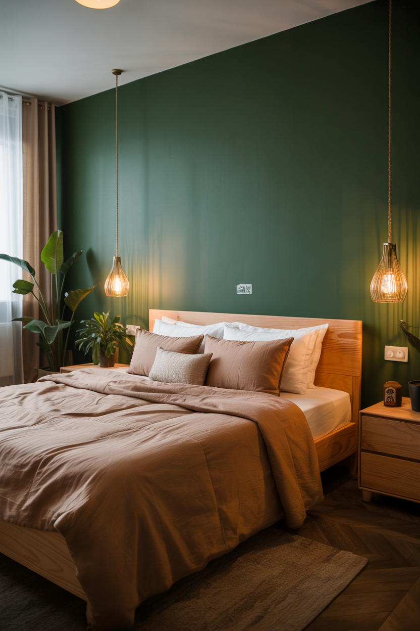 small bedroom with forest green walls and warm lighting creating cozy space