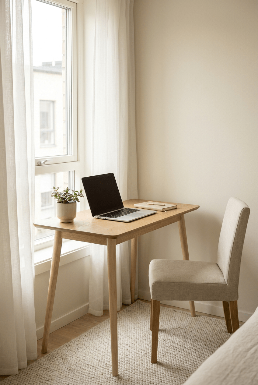 small desk setup by window with minimal decor and natural light
