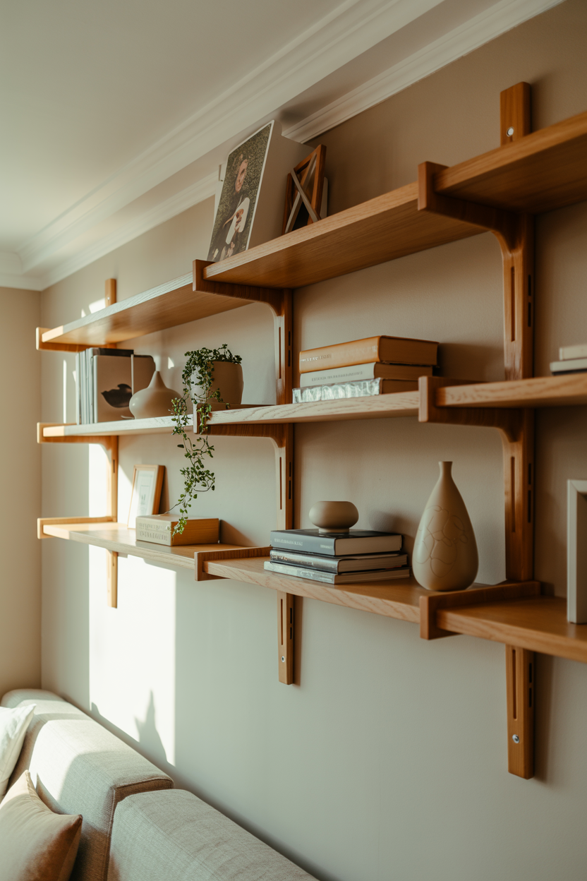 modern floating shelves made from wood styled with decor in small apartment