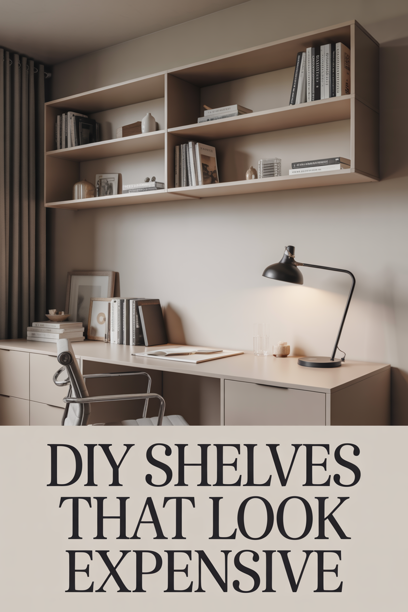 minimalist home office with white floating shelves and clean modern setup
