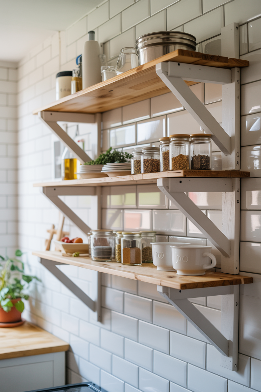 small kitchen with white floating shelves holding jars and plants for storage