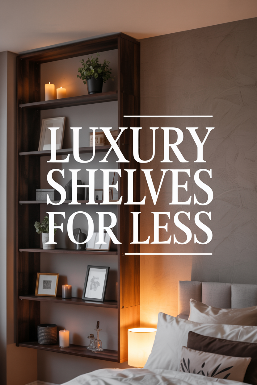 dark wood floating shelves with cozy decor creating luxury bedroom vibe