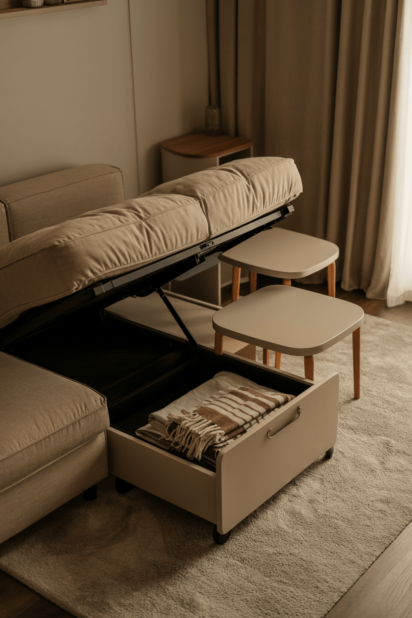 small apartment living room with sofa bed and storage ottoman
