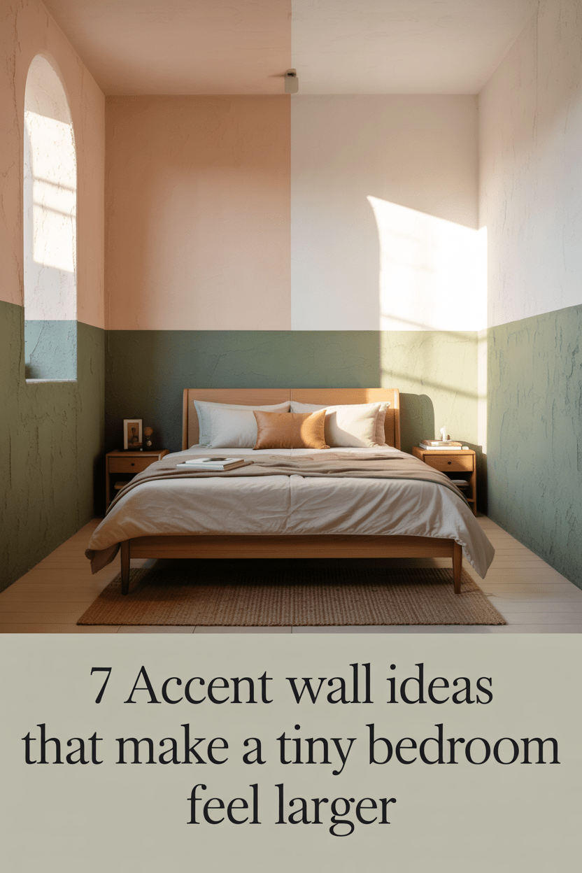 tiny bedroom with sage green half painted accent wall and minimal decor styled to feel bigger with text overlay at bottom