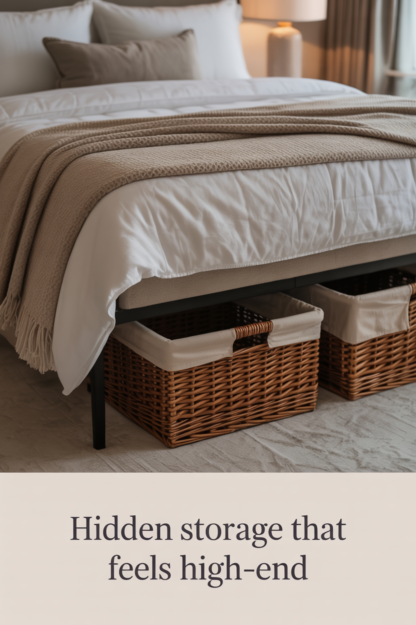 minimalist bedroom with chic under bed storage baskets and clean design