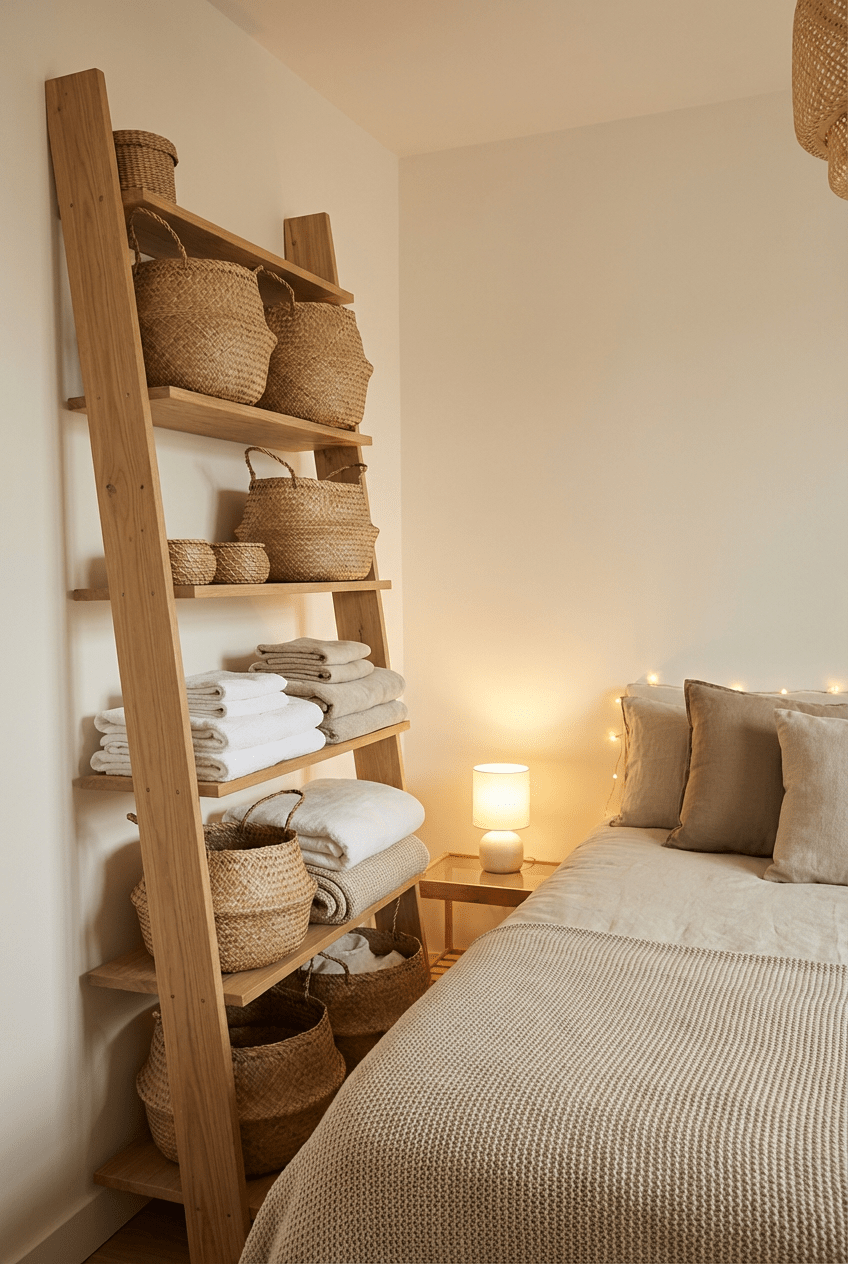 small bedroom with ladder shelf used for vertical storage and baskets