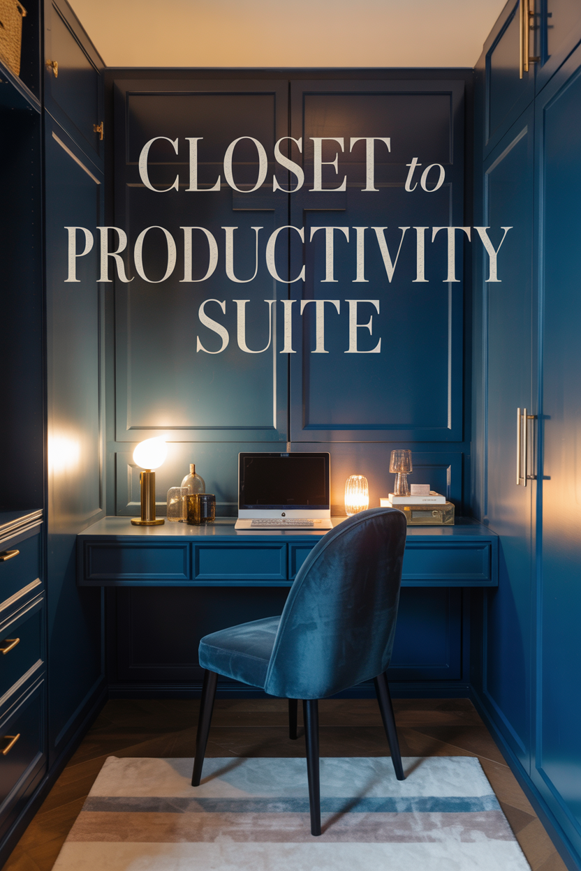 dark navy closet office with gold accents and cozy lighting creating luxury workspace