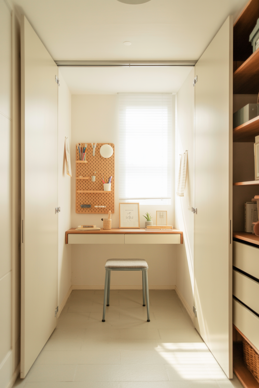 bright white minimalist closet office with fold down desk and pegboard storage
