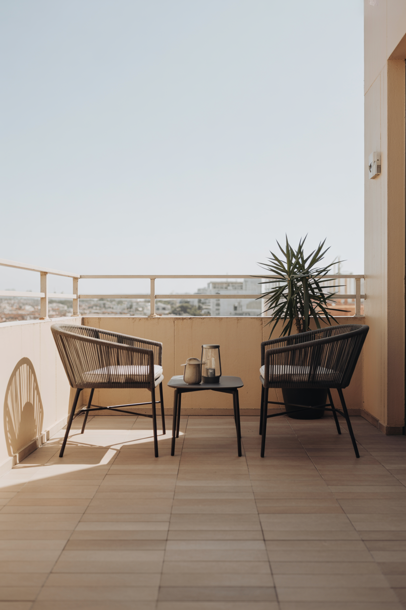 minimalist balcony with neutral furniture and city view in daylight