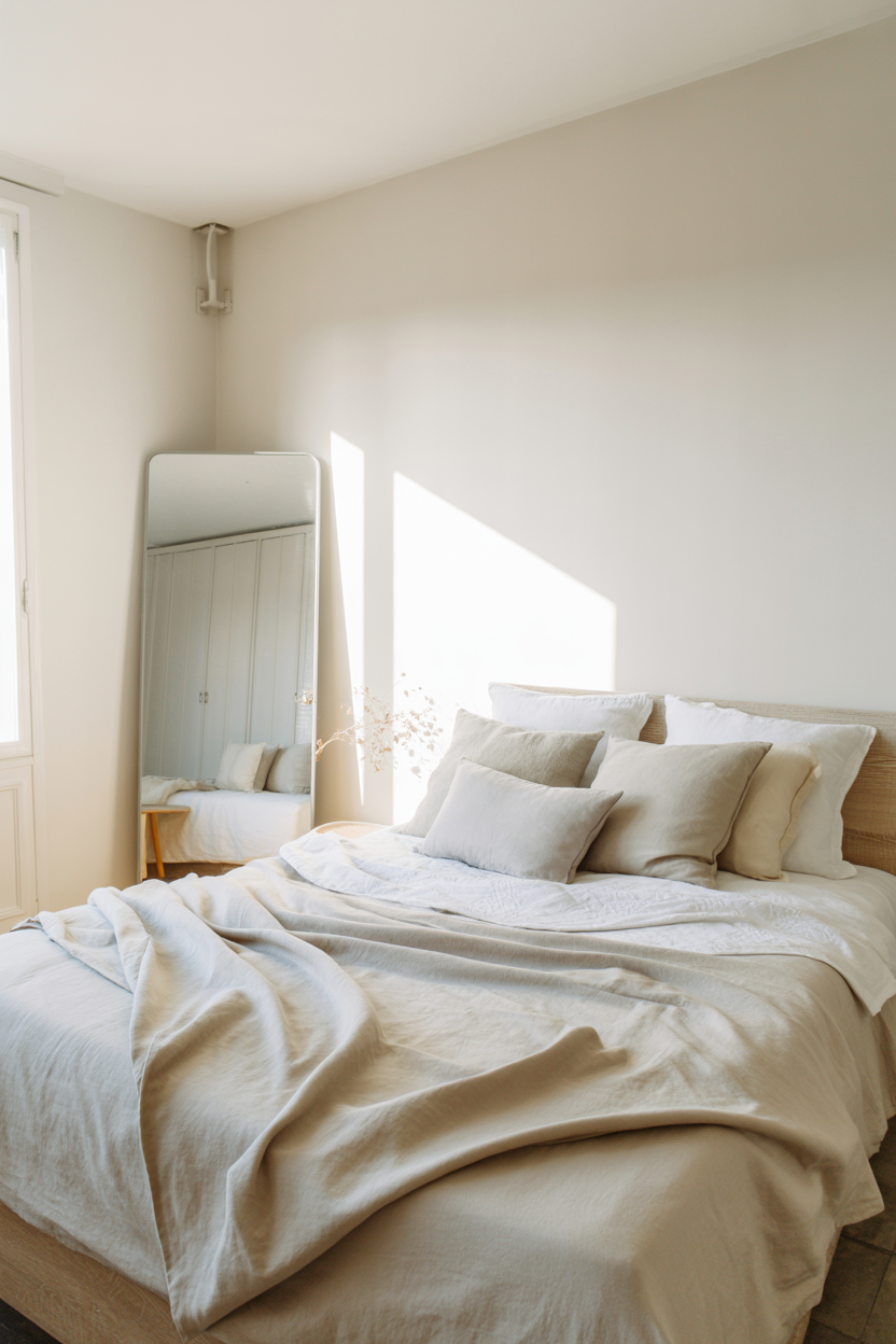small bedroom with floating shelves and under bed storage maximizing space