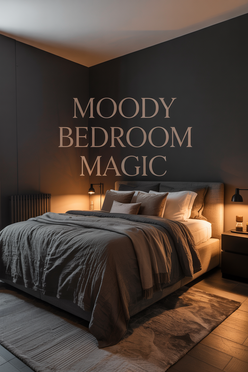 small bedroom with dark gray walls and cozy lighting creating moody atmosphere