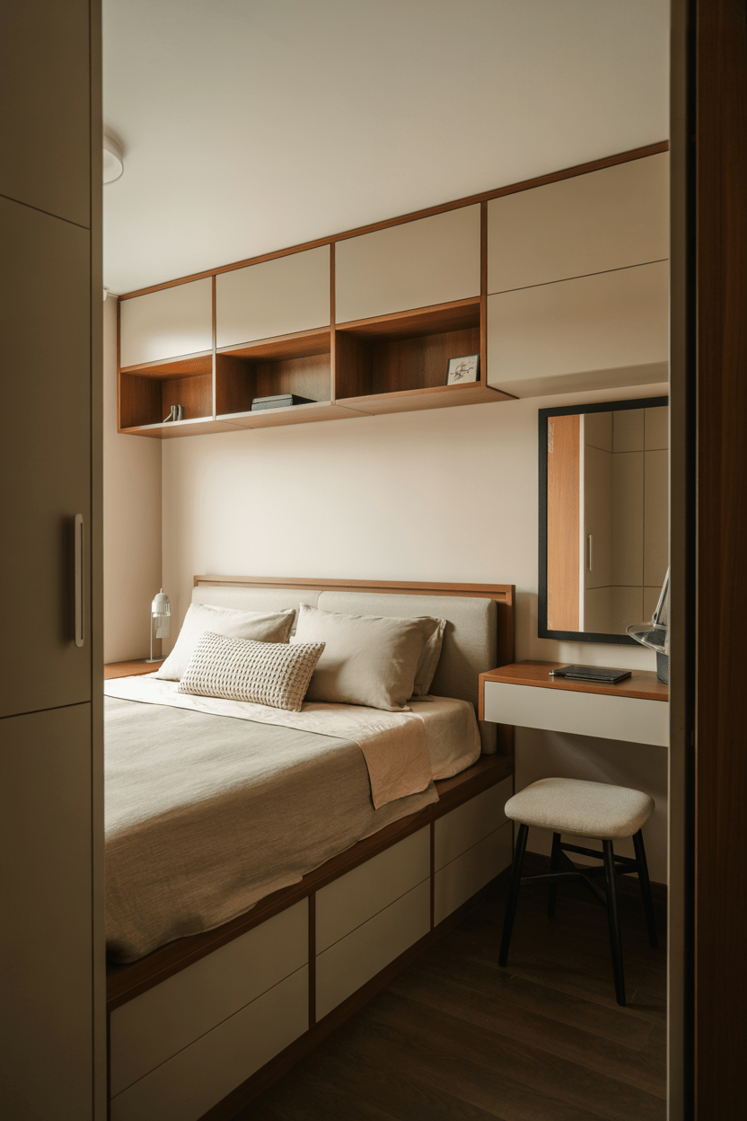 small bedroom with storage bed and multifunctional furniture