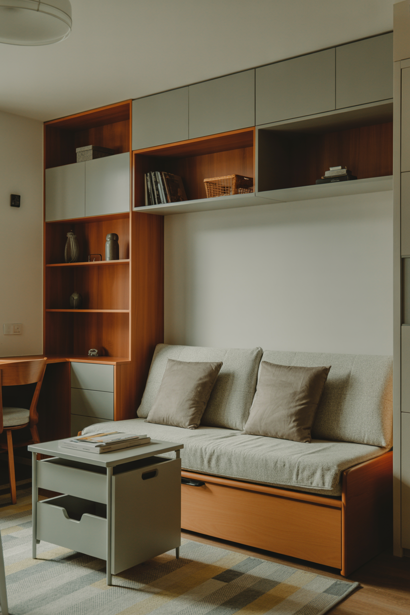 studio living room with sofa bed and storage furniture maximizing space
