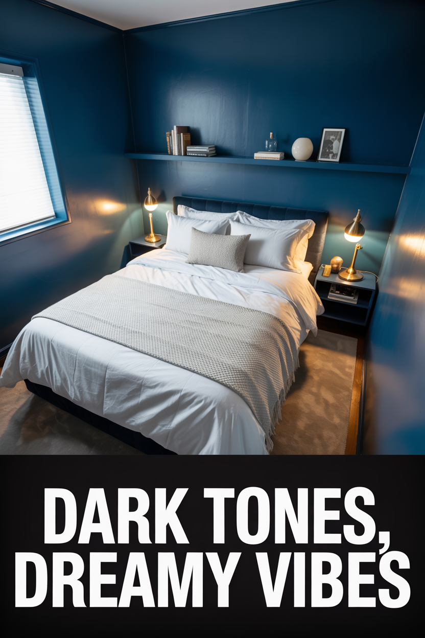 small bedroom with navy walls and warm lighting creating dreamy moody vibe