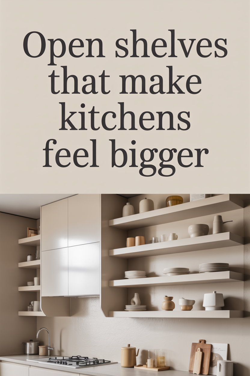 small kitchen with floating shelves creating spacious and bright look