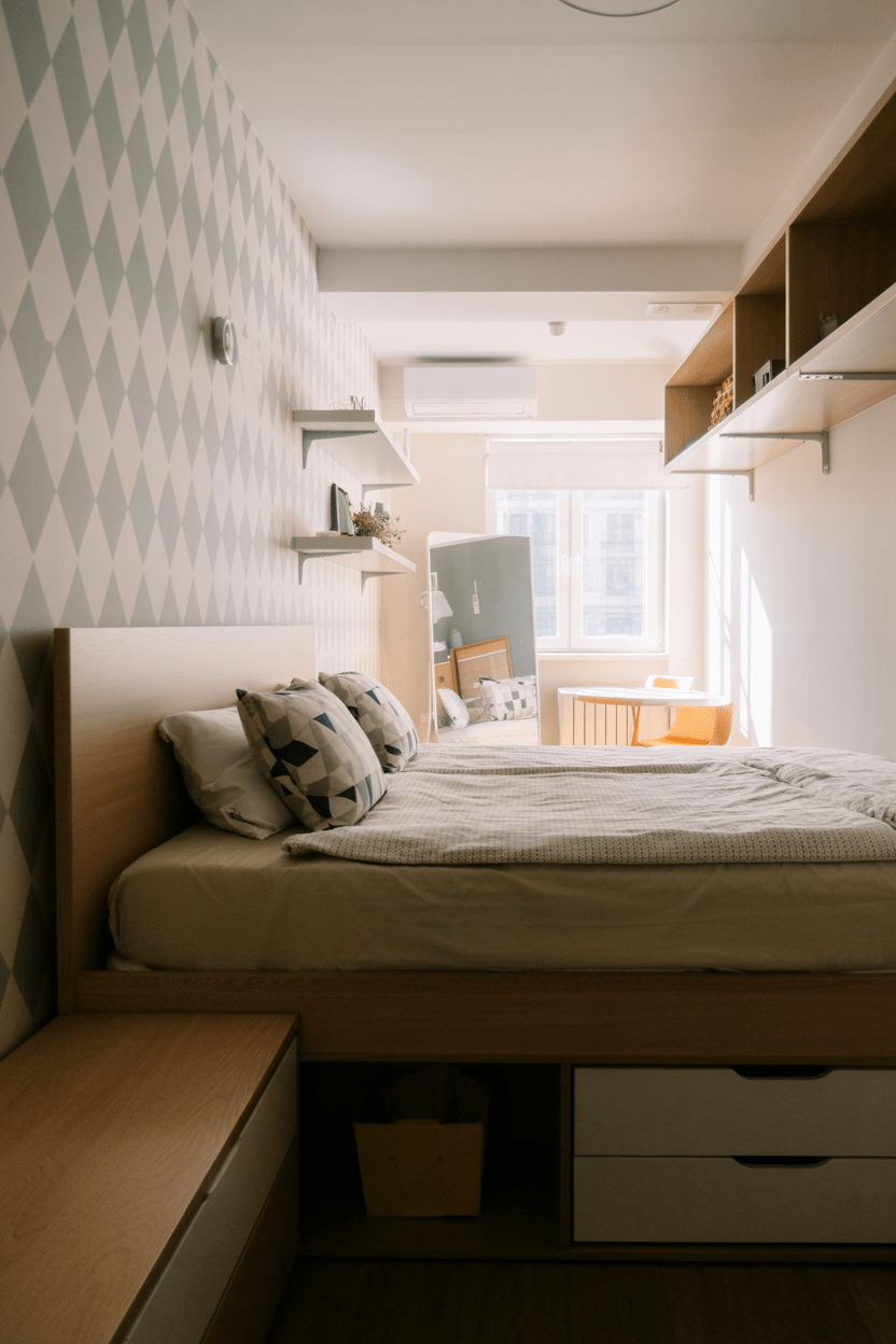 small rental bedroom with geometric peel and stick accent wall and space saving furniture