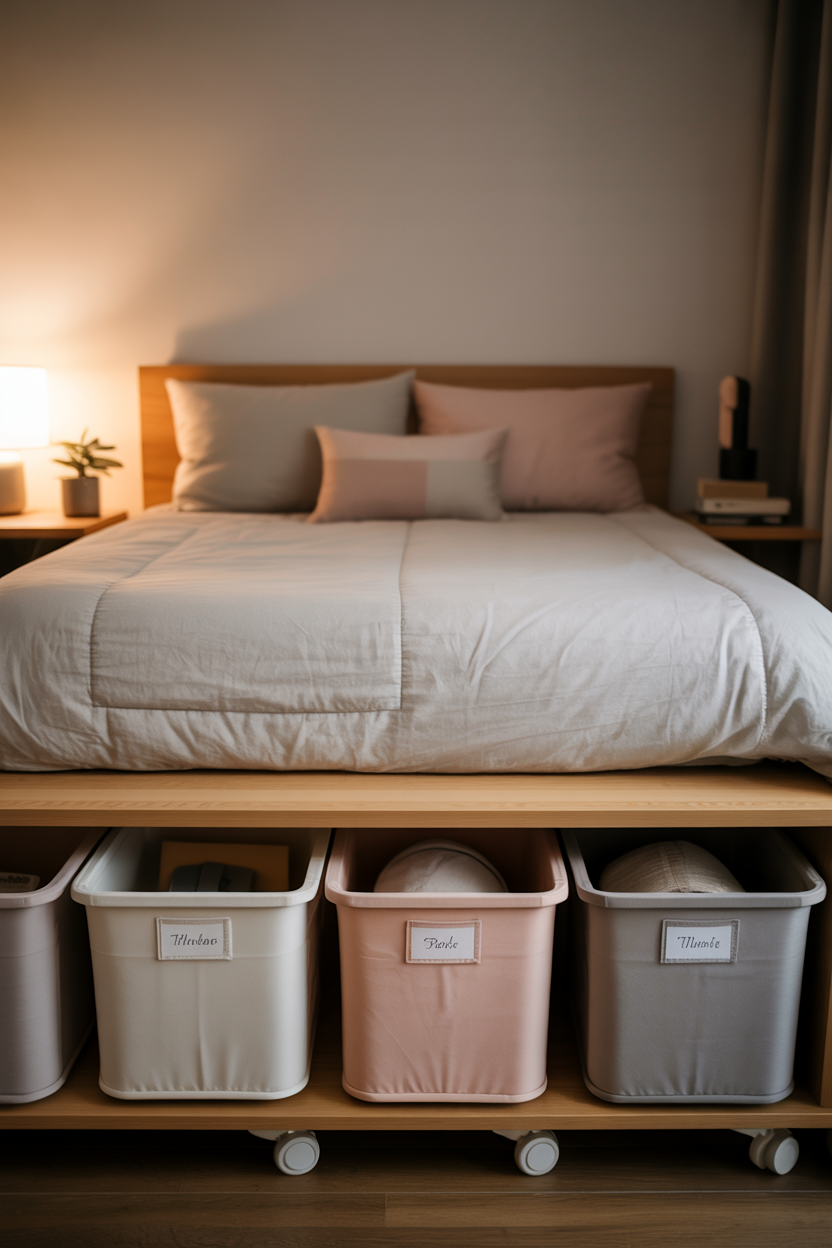 small bedroom with rolling bins under bed for organized storage