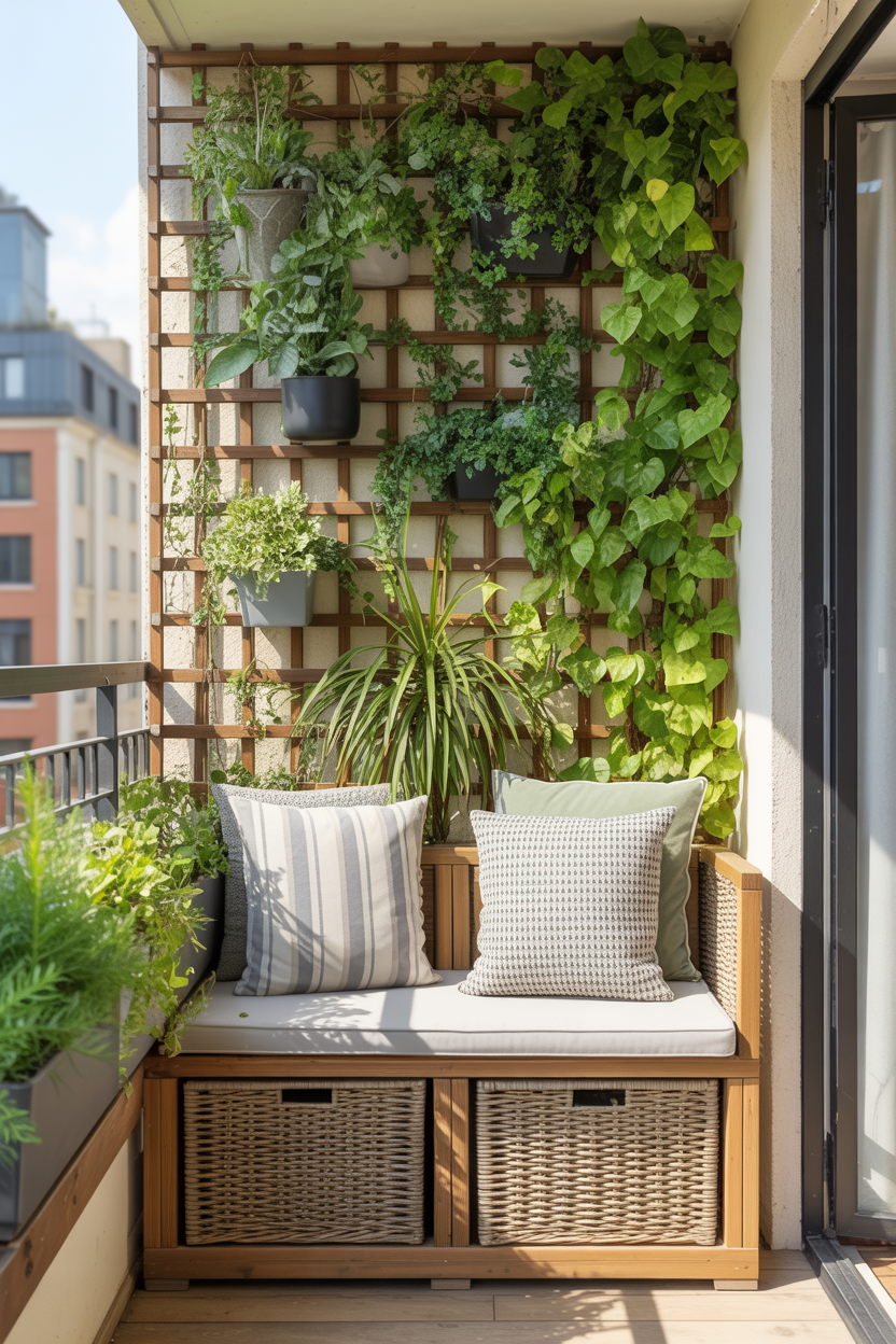 small balcony with vertical garden wall and compact seating bench