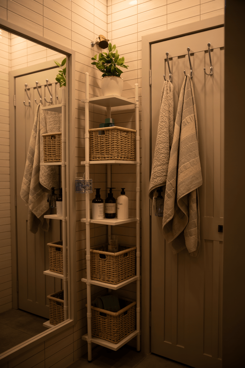 small bathroom with ladder shelf and hidden basket storage for organization