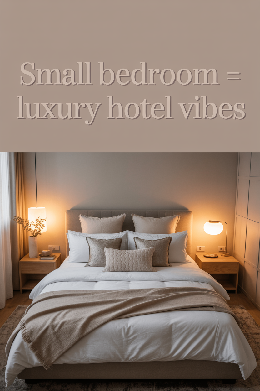small bedroom styled like a boutique hotel with cozy bedding and warm lighting