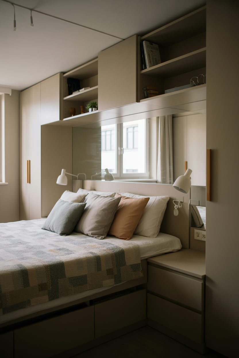 minimalist small bedroom with white bedding and natural light creating hotel vibe