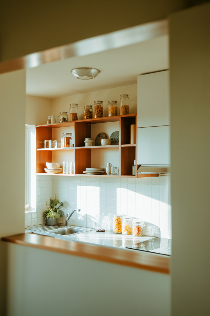 small kitchen with open shelves and neatly arranged dishes creating airy feel