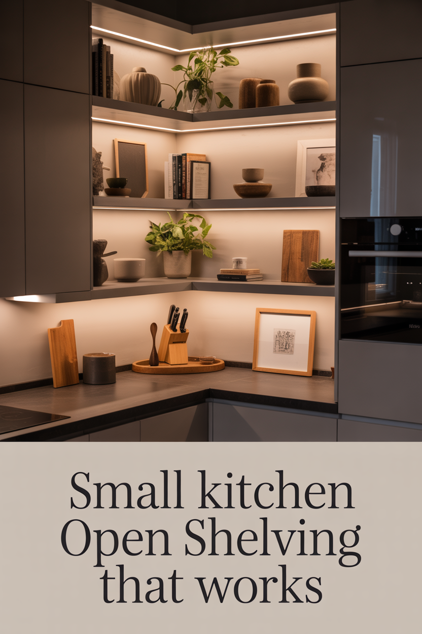 chic small kitchen with styled open shelves and warm lighting