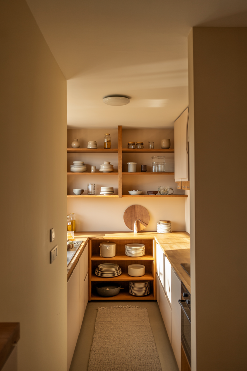 small kitchen with wooden open shelves styled dishes and modern minimalist design