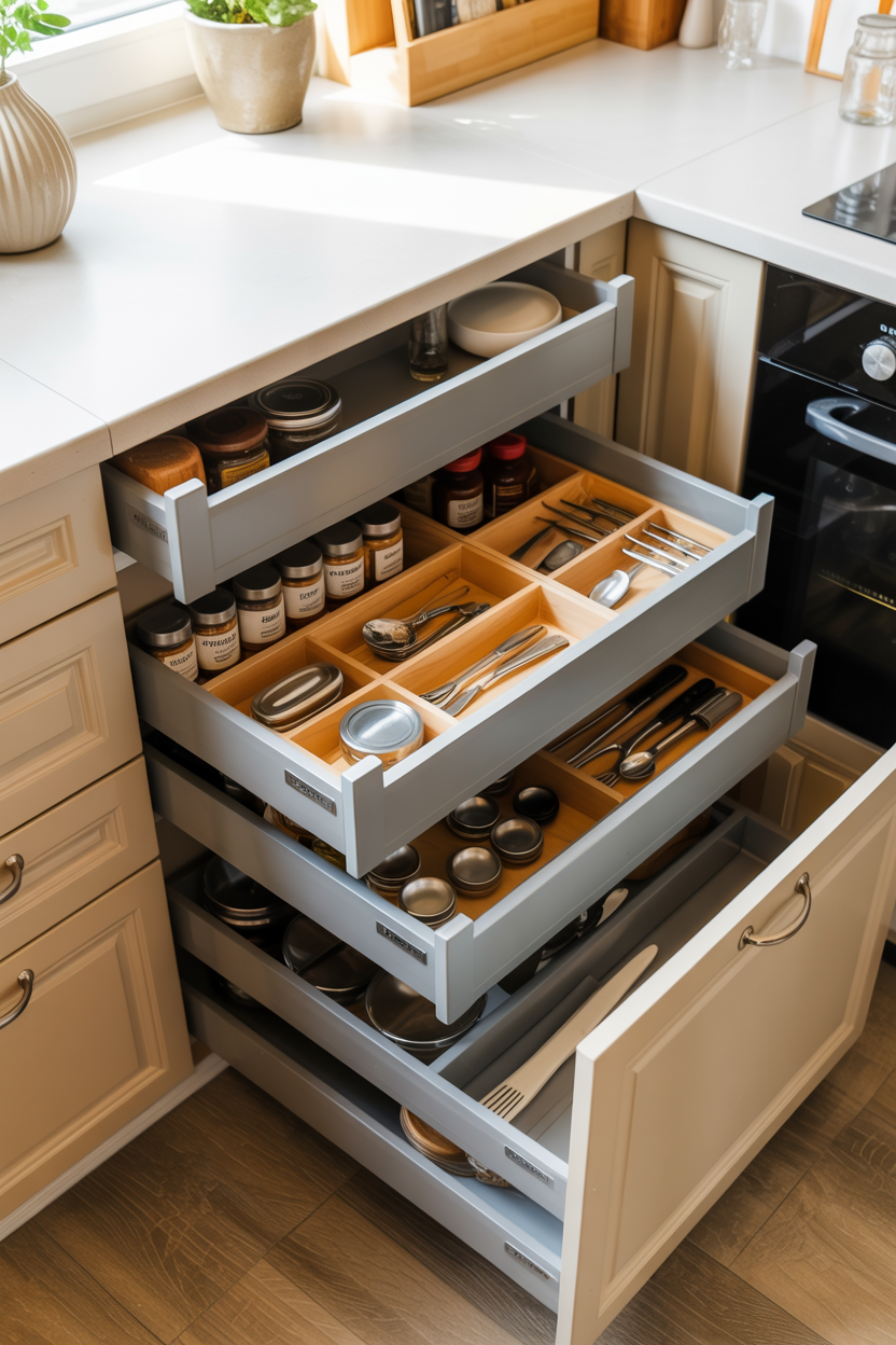 small kitchen with organized drawers and neatly arranged utensils