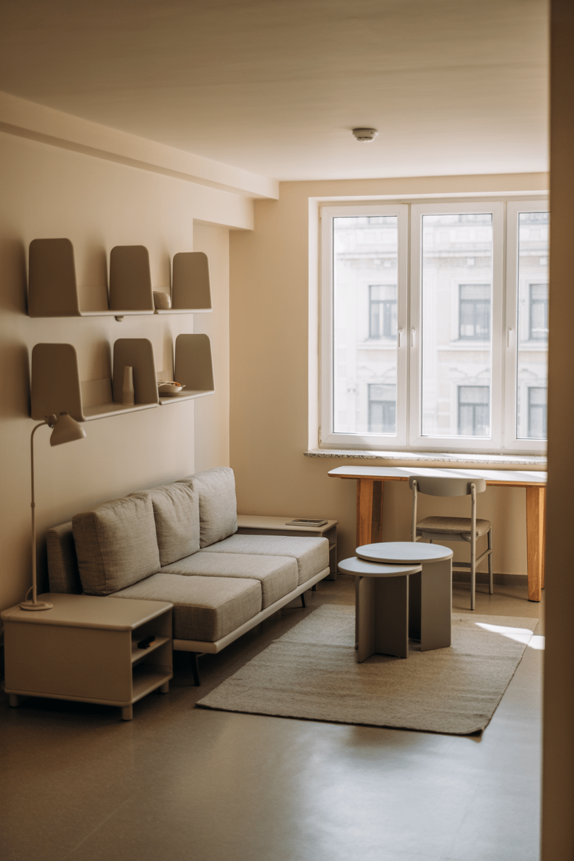 minimalist first apartment living room with multifunctional furniture