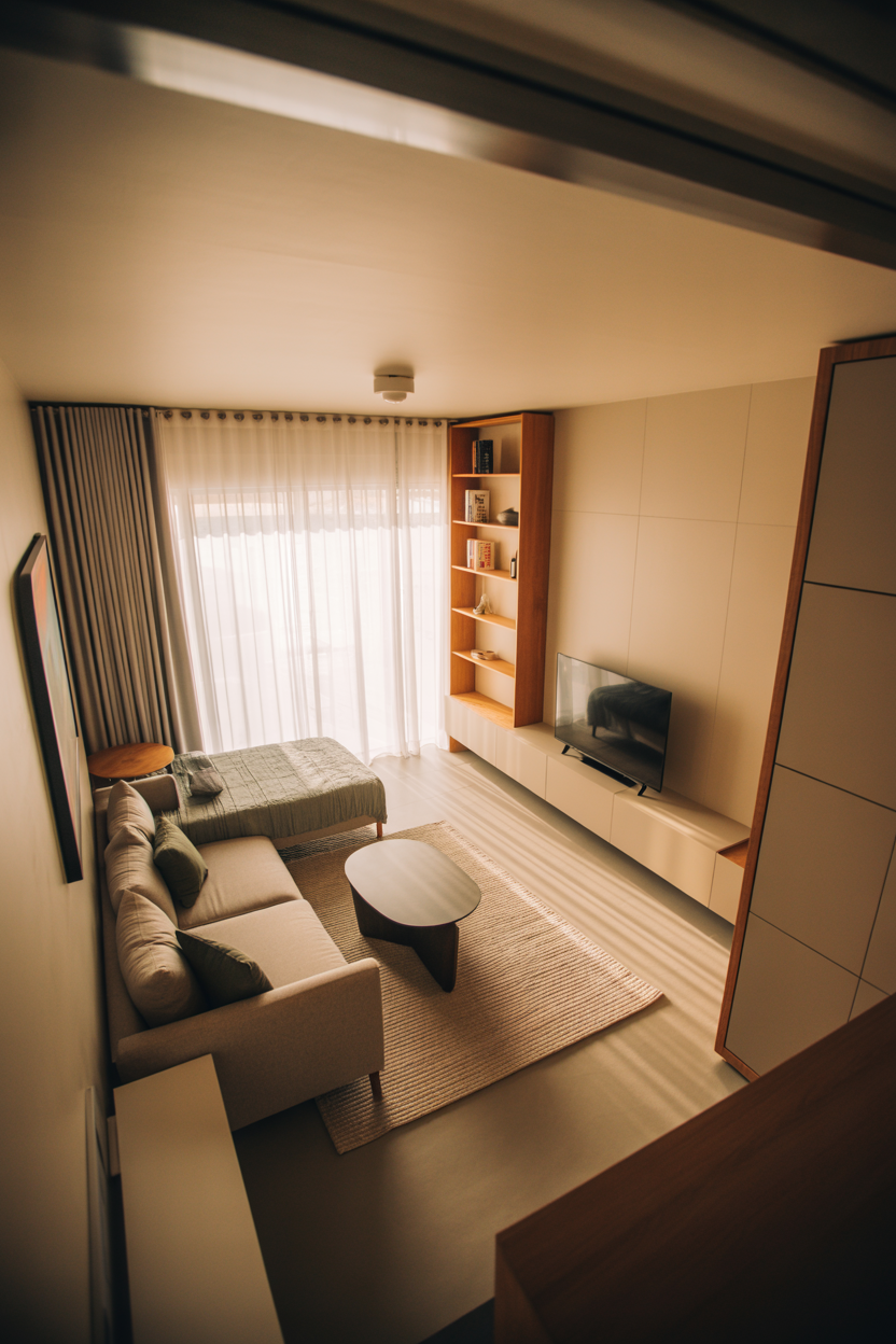 studio apartment with sectional sofa dividing living and sleeping areas