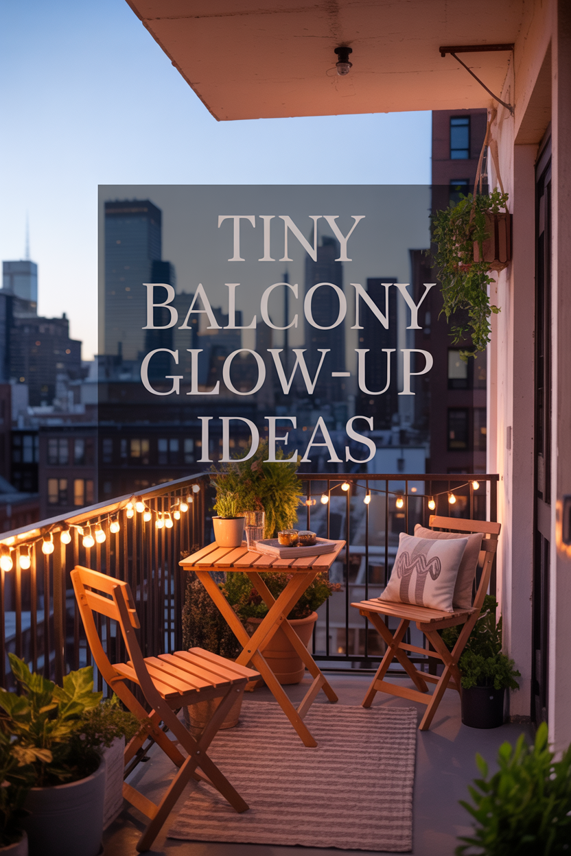 small apartment balcony with string lights and cozy seating at sunset