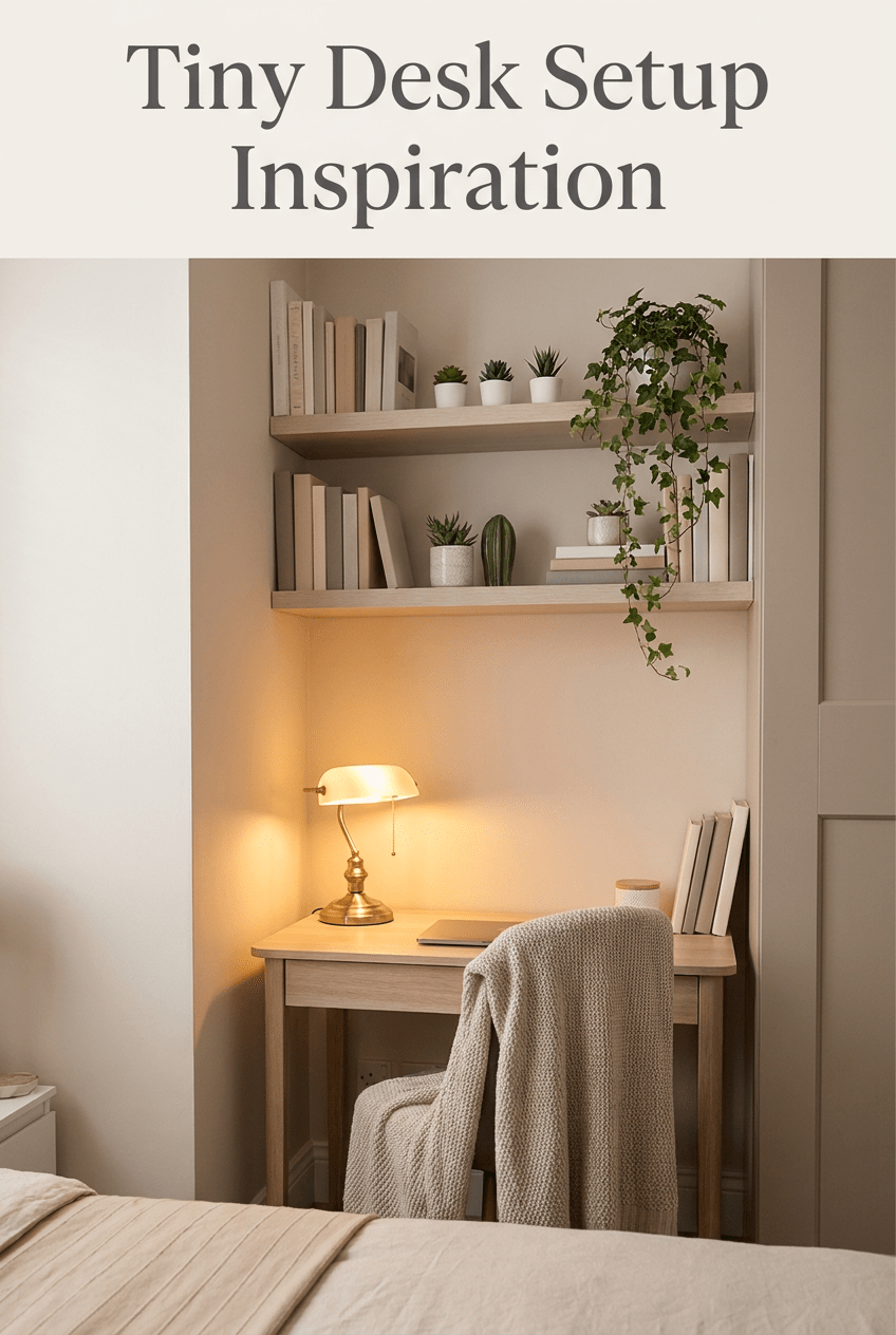 small corner desk setup with shelves and warm lighting