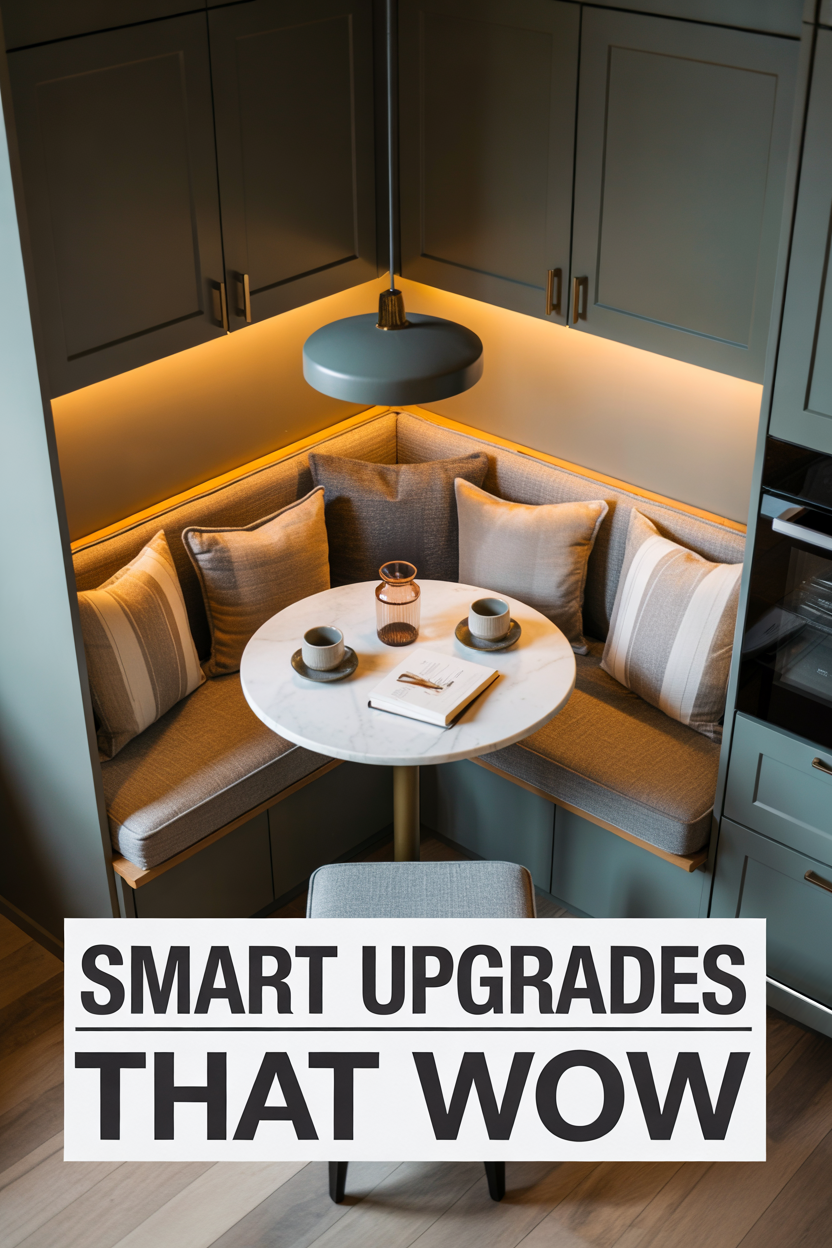 tiny kitchen with built in breakfast nook and hidden storage seating