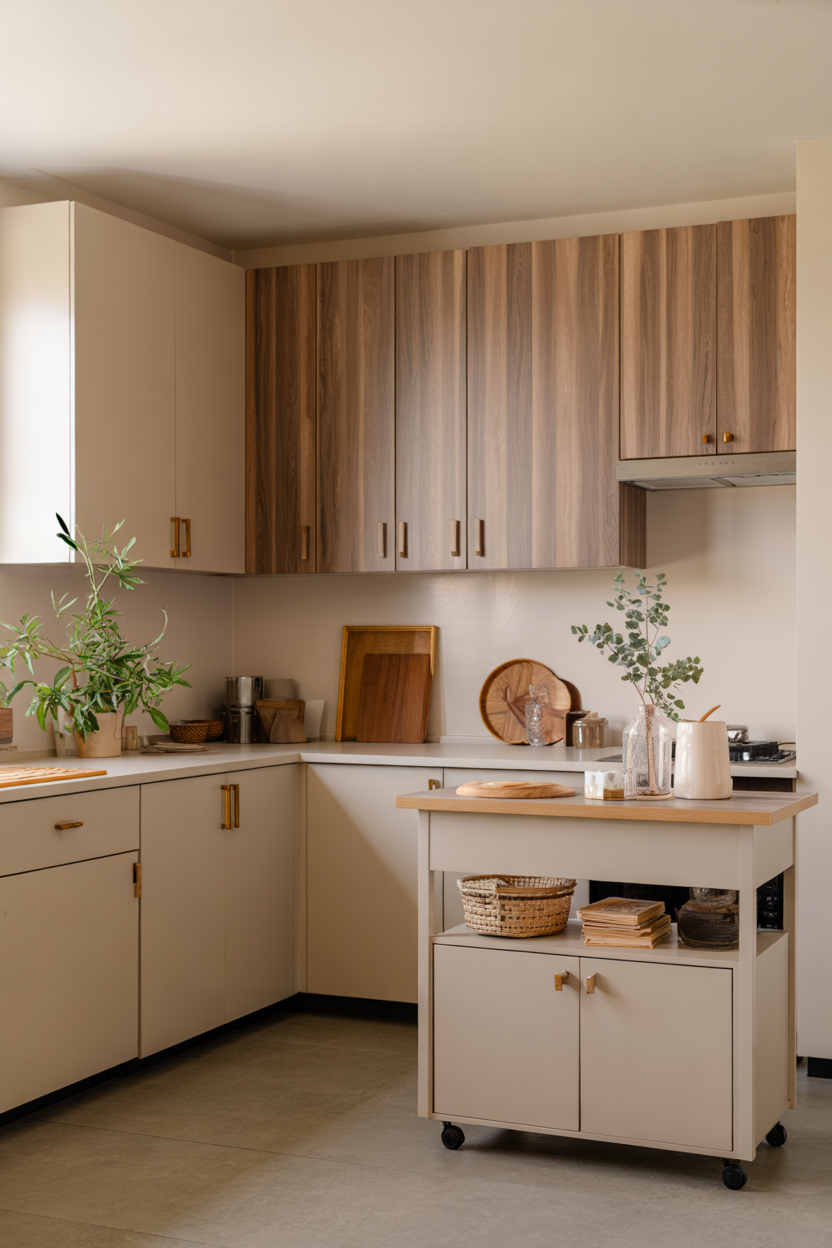 small apartment kitchen with upgraded cabinets and rolling island for extra storage