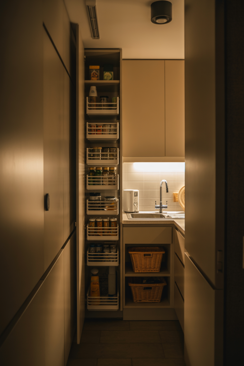 narrow kitchen with pull out pantry shelves and hidden storage solutions