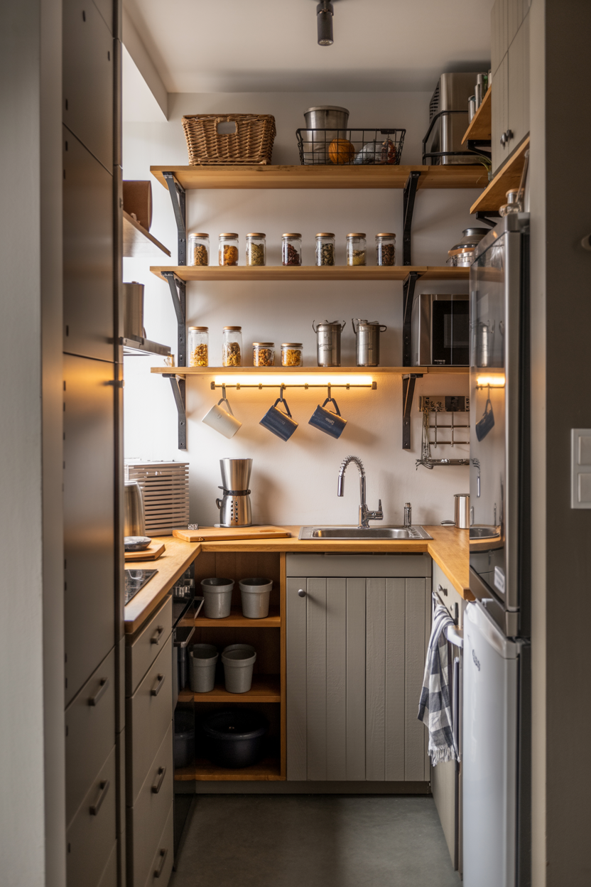 narrow kitchen with open shelves and organized jars maximizing storage