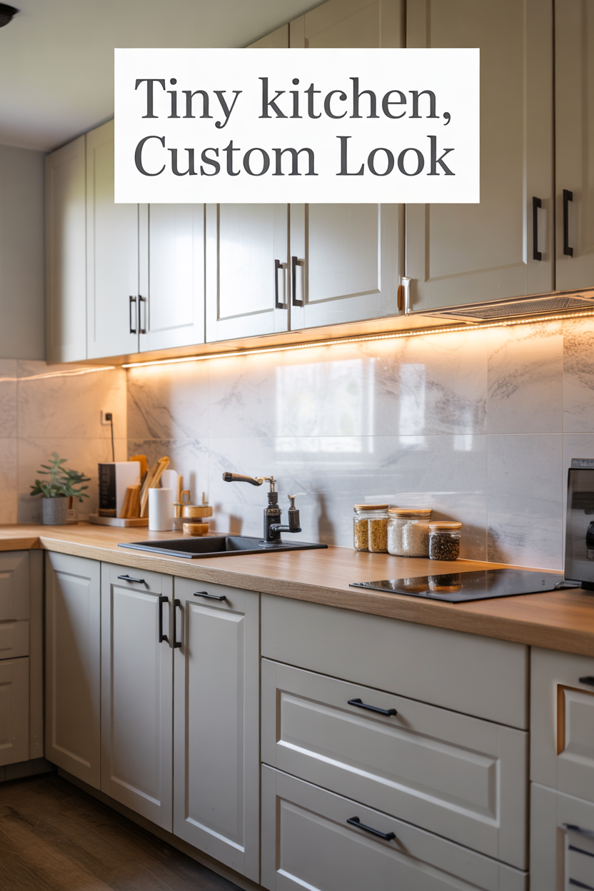 tiny kitchen with marble backsplash and black hardware creating custom built look