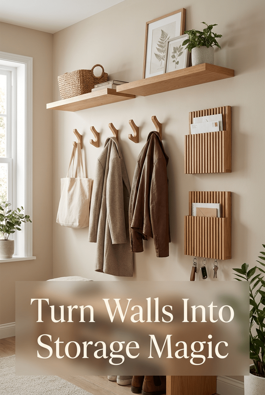 entryway wall with hooks and shelves used as vertical storage solution