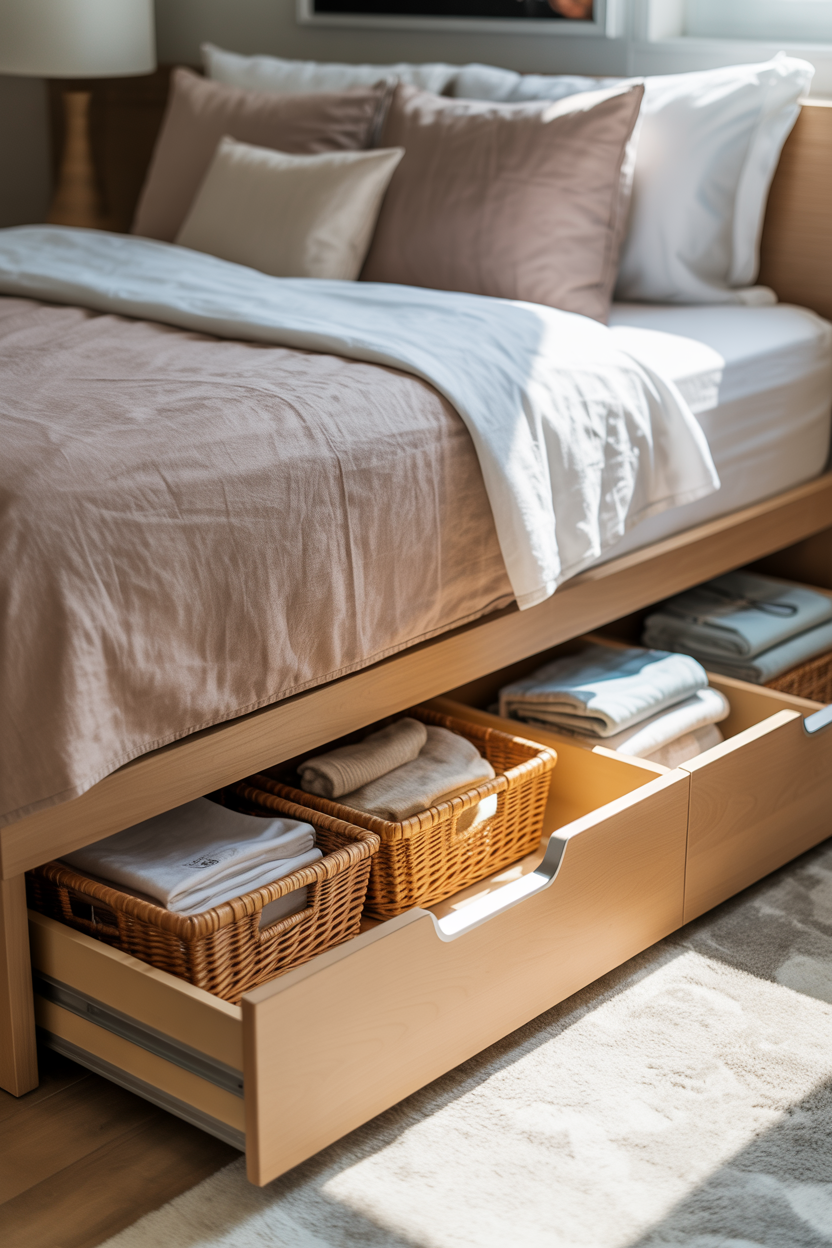 bedroom with organized under bed storage drawers and neutral decor