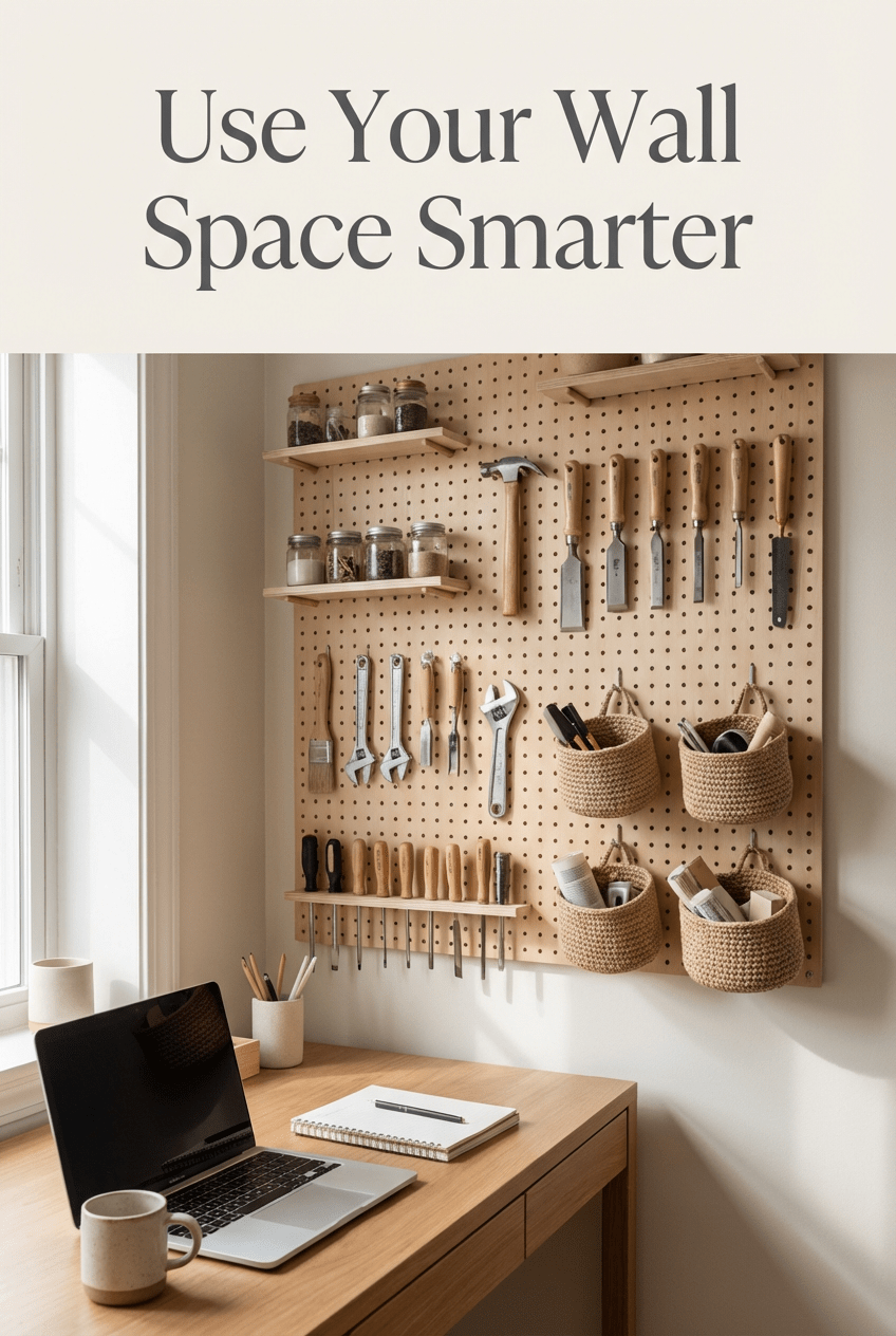 pegboard wall storage in small workspace with organized tools
